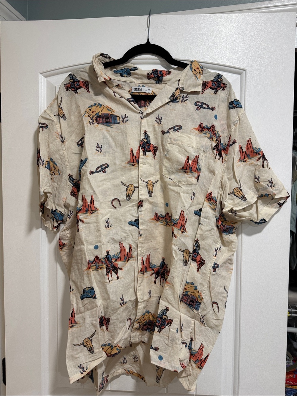 Sonoma Cream Short-Sleeve Western Print Button-Down Shirt
